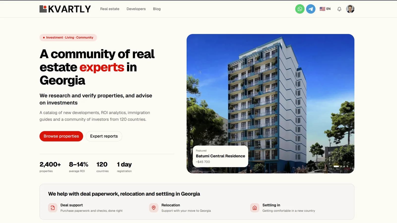 Interface screenshot: kvartly.com — Founder & Developer