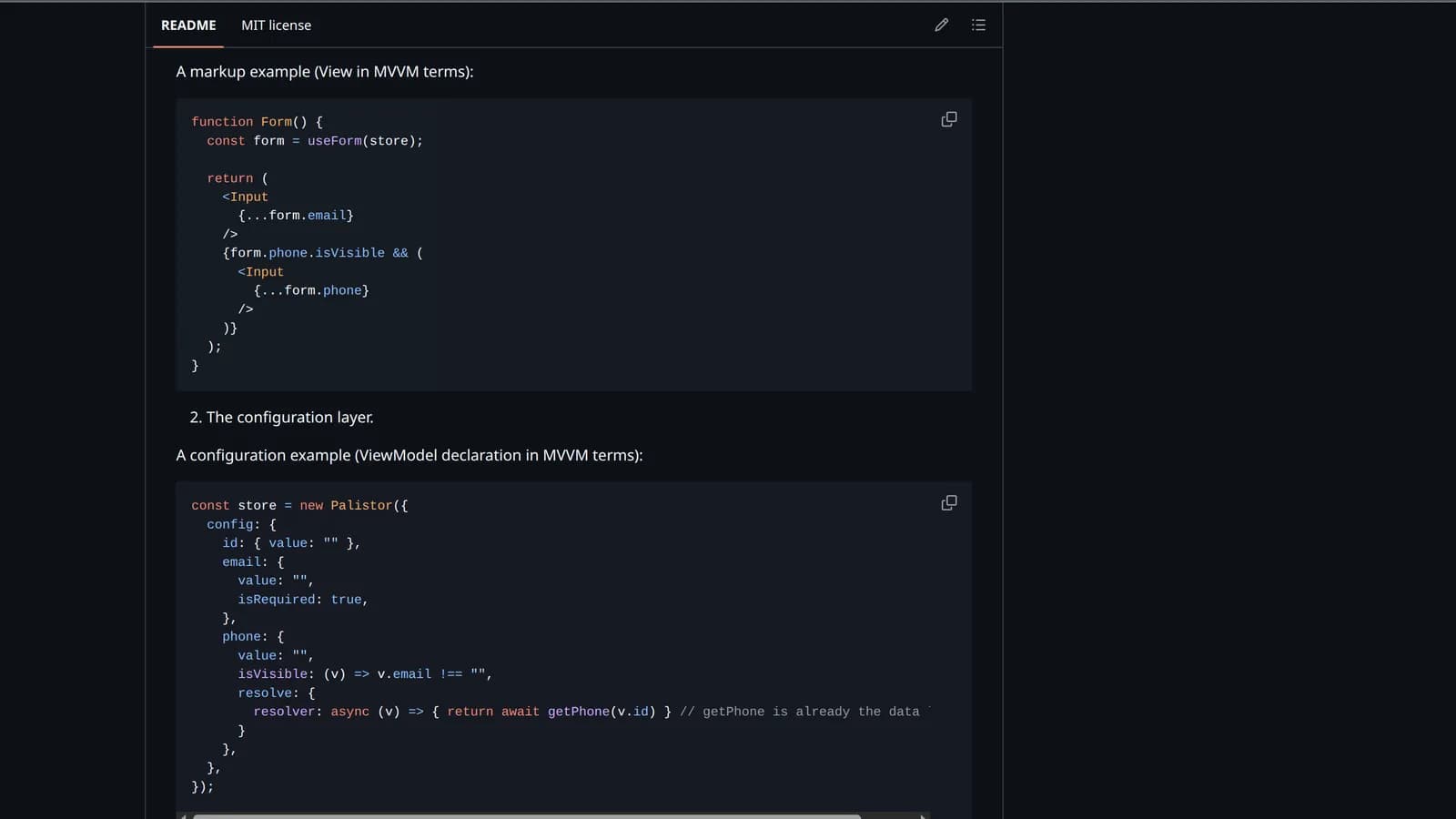 The Palistor README on GitHub: two code examples one after another — the JSX View layer and the ViewModel declaration in the config.